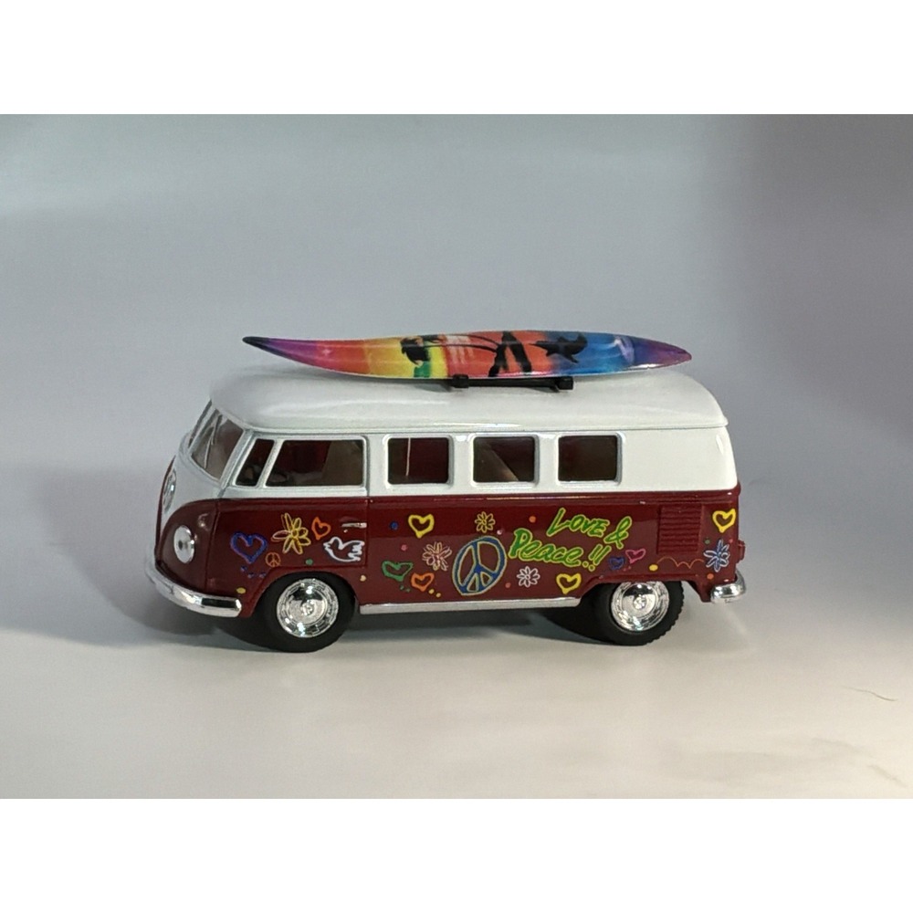 Kinsmart 1962 Volkswagen Classical Red Bus w/ Surfboard  1/32 Scale Love & Peace